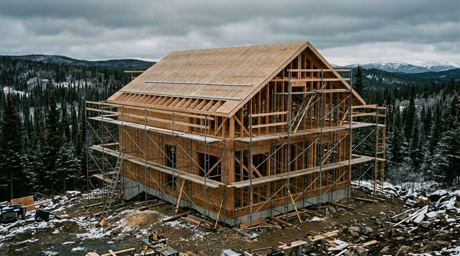 Modern wood-frame house under construction in a northern landscape.